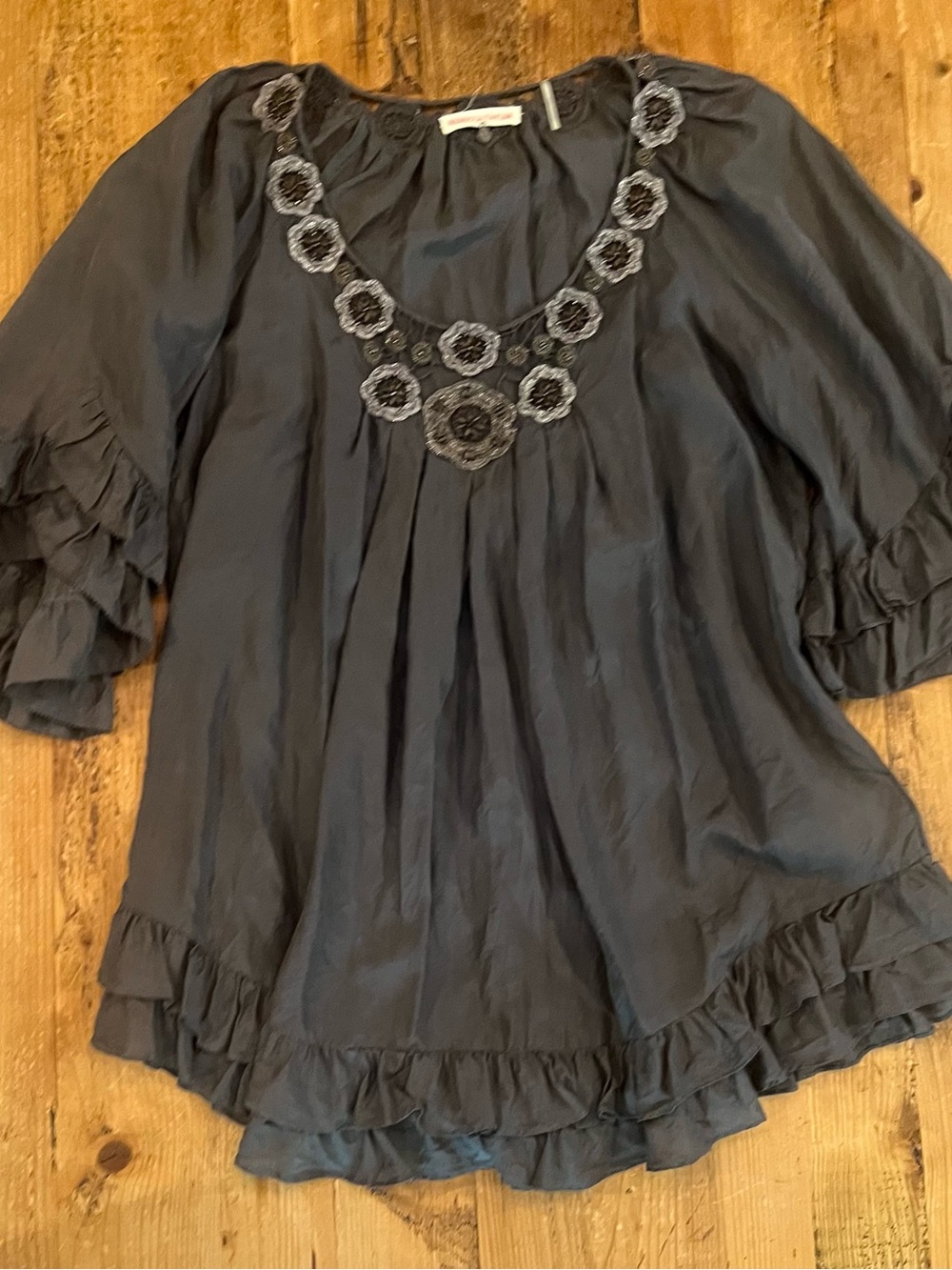 Women's Black Scoop Neck Ruffle Blouse with Floral Embellishment Rebecca Taylor